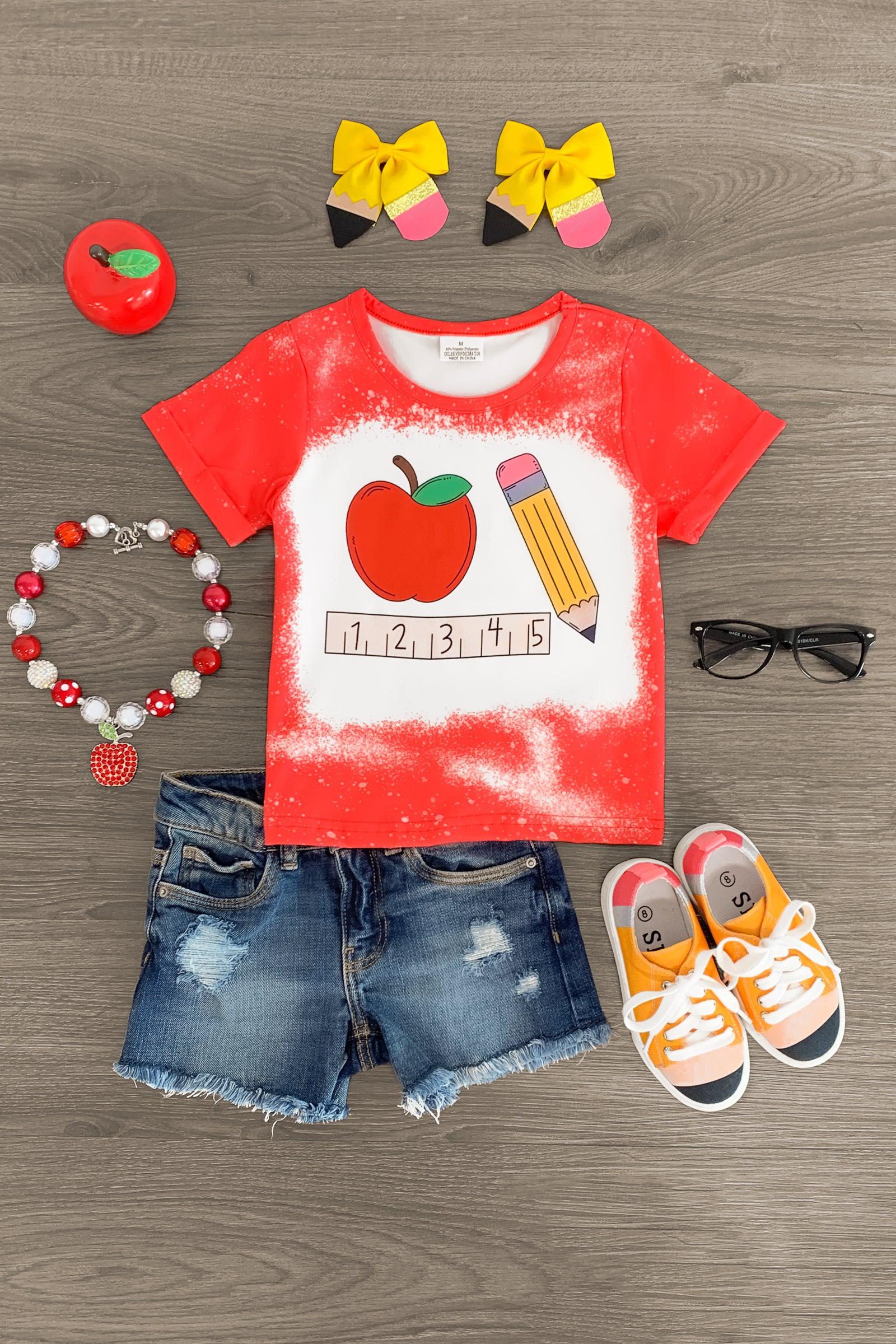Red Apple & Pencil Top Sparkle In Pink