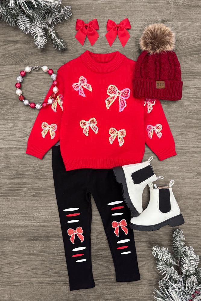 Red Sequin Bow Sweater Legging Set - 3XS-6-12 Months - Red sweater with sequin bow and candy cane designs paired with black leggings featuring matching bows and candy canes, white .