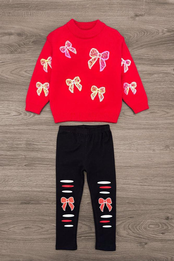 Red Sequin Bow Sweater Legging Set | Sparkle in Pink