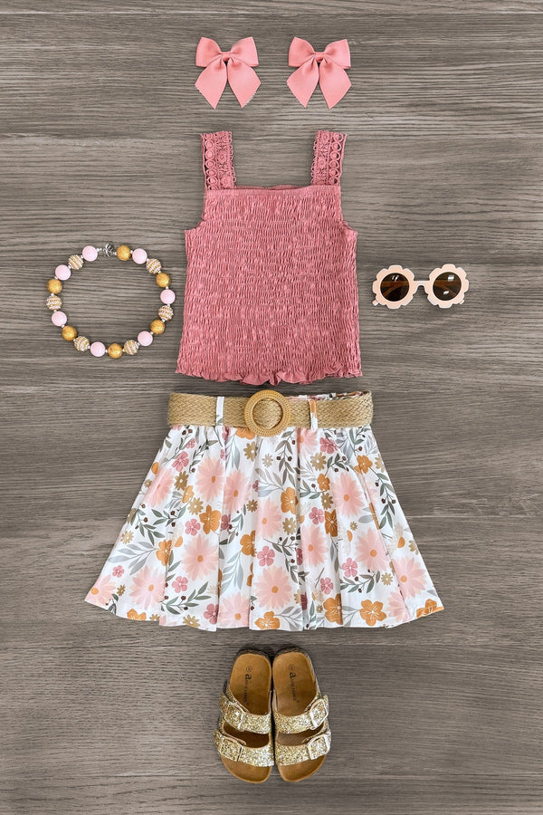 Dusty Rose Floral Skirt Set - Sparkle in Pink
