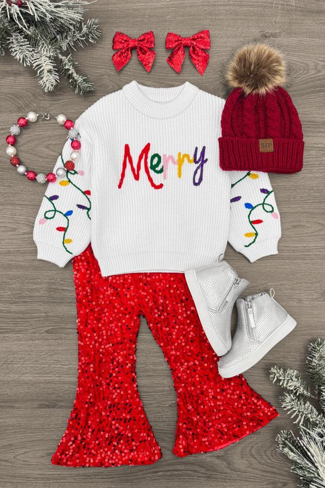 "Merry" Knit Sweater Red Sequin Flare Set | Sparkle in Pink
