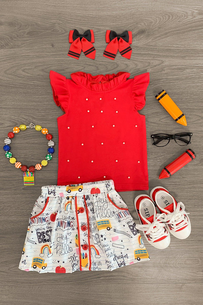 Red & White Pearl Doodle Skirt Set - 2T - Red sleeveless top with pearl embellishments and ruffled shoulders paired with white skirt featuring colorful doodle prints.