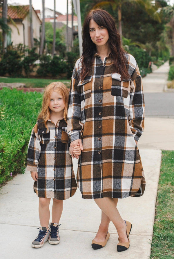 Mom & Me - Tan Flannel Button Down Shacket - Sparkle in Pink
