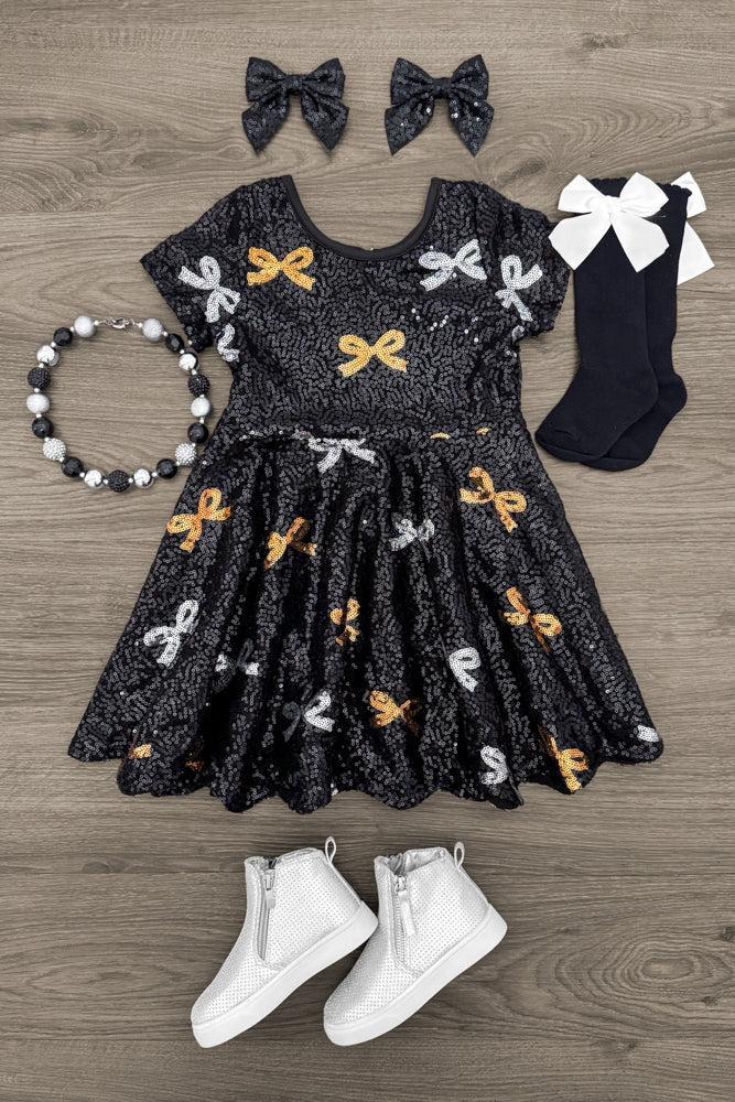 Silver & Gold Sequin Bow Dress - 3XS-6-12 Months - Black dress with silver and gold sequin bows, short sleeves, paired with black socks, white high-top shoes, black hair bows, .