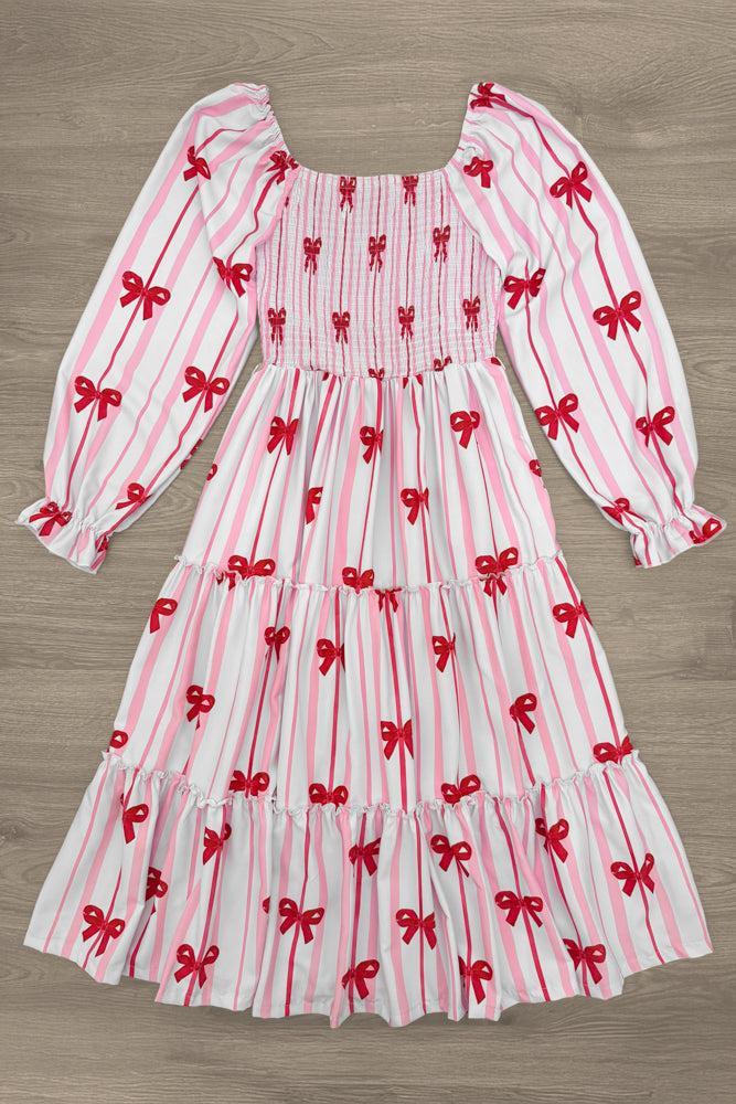 Mom & Me - Pink Bow Striped Dress
