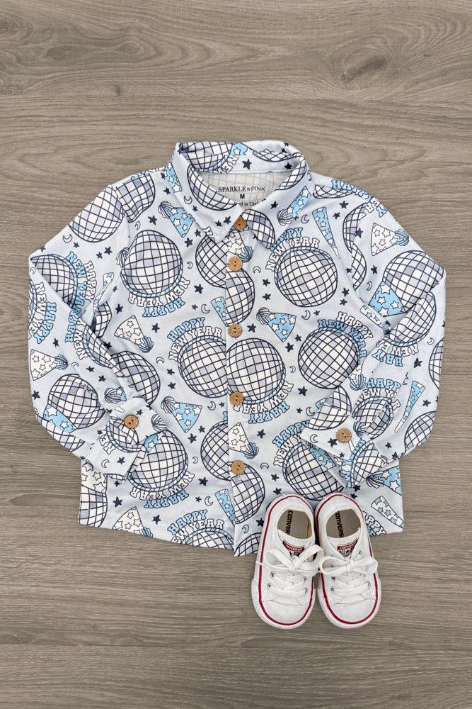 "Happy New Year" Button Down Top - 3XS-6-12 Months - Blue and white button-down top with Happy New Year disco ball print and long sleeves.