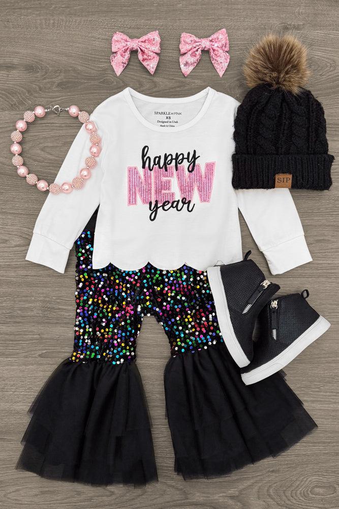 "Happy New Year" Sequin Bell Bottom Set | Sparkle in Pink