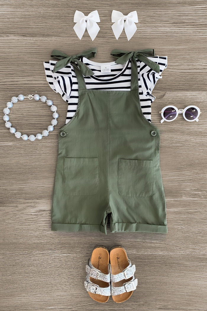 Striped Romper Set - Green / 3XS-6-12 Months - Green short romper with front pockets over black and white striped flutter sleeve top, paired with white sandals, white bow.