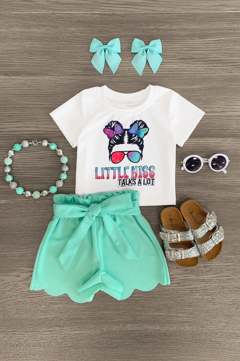 "Little Miss Talks A Lot" Mint Scalloped Short Set - Sparkle in Pink