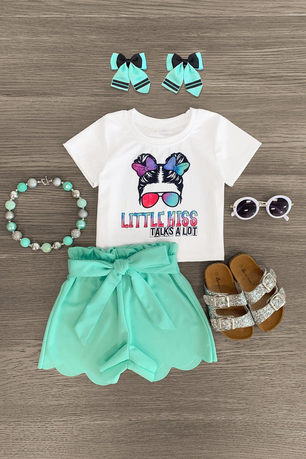 "Little Miss Talks A Lot" Mint Scalloped Short Set | Sparkle in Pink