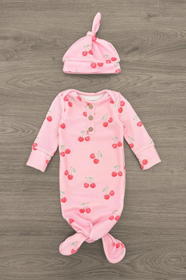 Pink Cherry Waffle Knit Onesie Set & Blanket