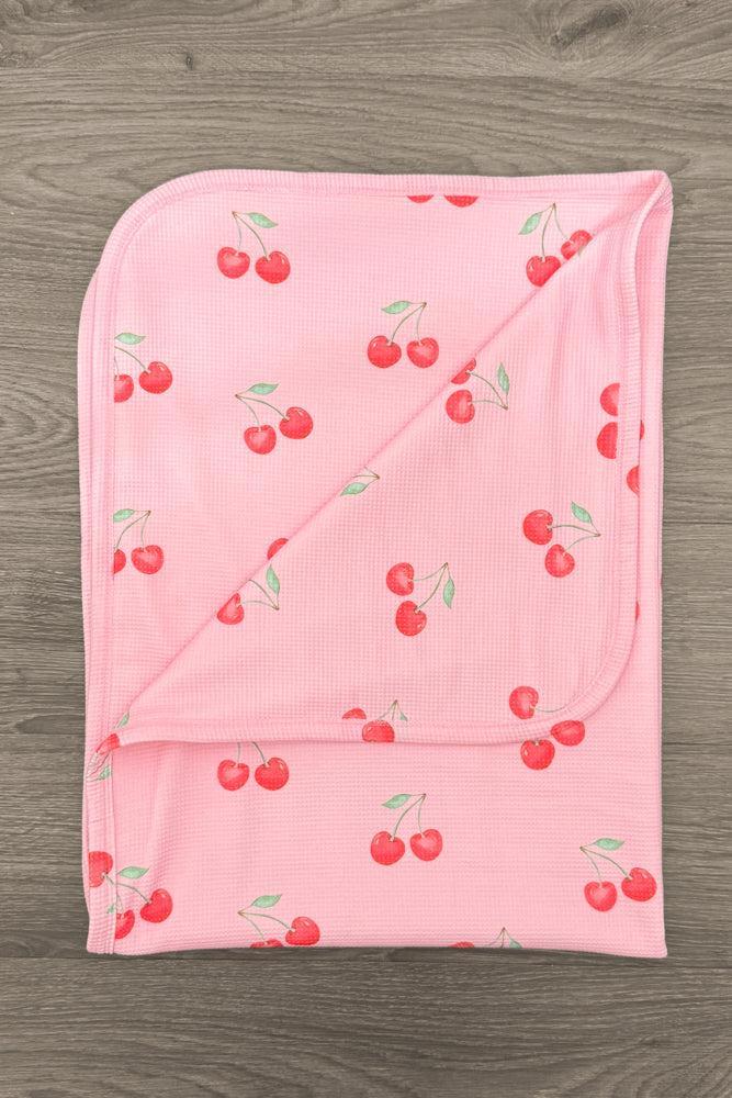 Pink Cherry Waffle Knit Onesie Set & Blanket