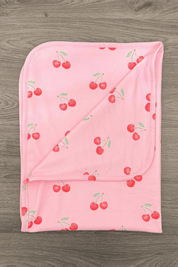 Pink Cherry Waffle Knit Onesie Set & Blanket