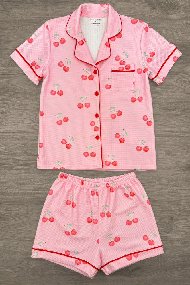 Mom & Me - Pink Cherry Waffle Knit Pajamas