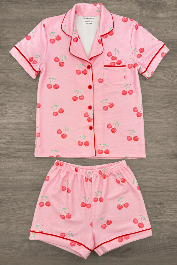 Mom & Me - Pink Cherry Waffle Knit Pajamas