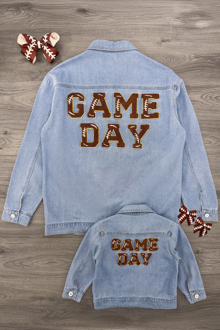 Mom & Me - "Game Day" Denim Jacket - CHILD-3XS-6-12 Months - Light blue denim jackets for mom and child with brown leopard print "GAME DAY" lettering on the back.