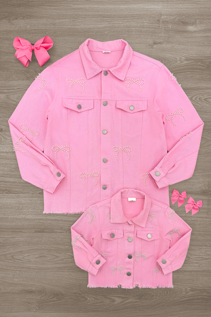 Mom & Me - Pink Pearl Denim Jacket - CHILD-3XS-6-12 Months - Matching pink denim jackets for mom and child with button details, accompanied by pink hair bows.