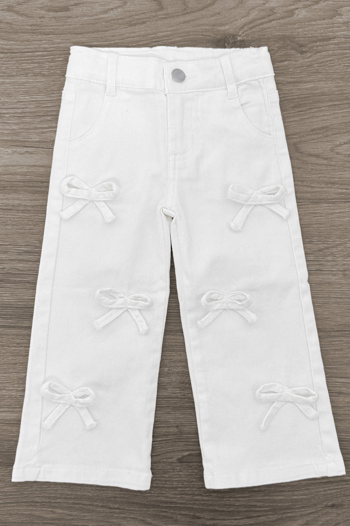 White Bow Denim Pants - 3XS-6-12 Months - White denim pants with decorative bow accents on the front legs.
