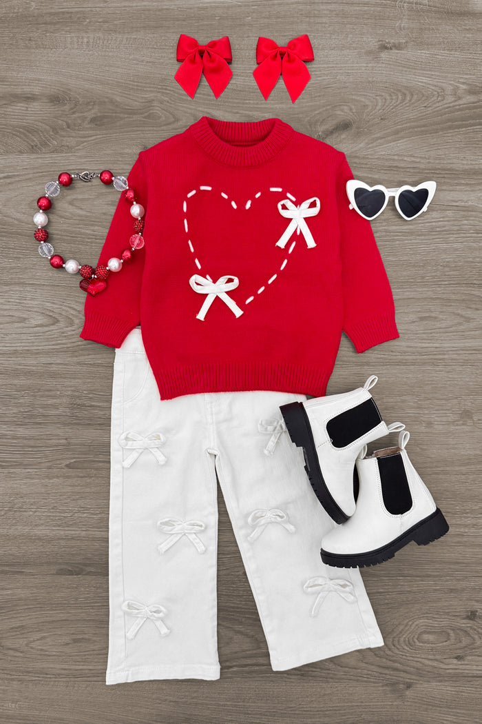 Red Lace-Up Bow Heart Sweater - 3XS-6-12 Months - Red knit sweater with lace-up bow heart design paired with white distressed pants, white boots, red bow clips, heart.