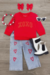 "XOXO" Heart Denim Pant Set