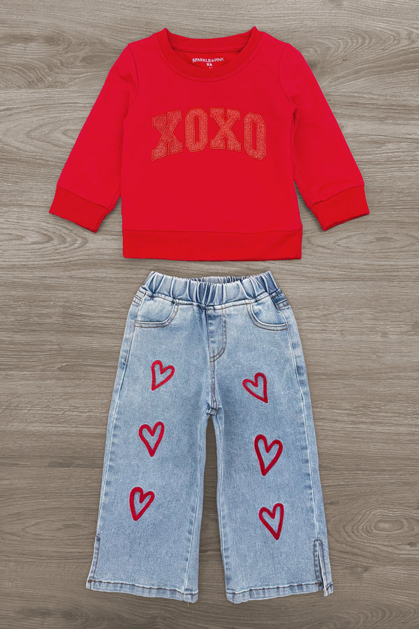 "XOXO" Heart Denim Pant Set