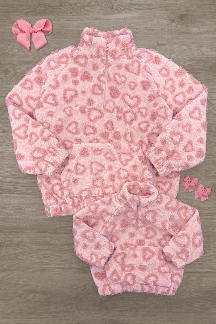 Mom & Me - Pink Heart Sherpa Pullover - CHILD-3XS-6-12 Months - Pink sherpa pullover set with heart pattern, featuring adult and child sizes, mock neck and kangaroo pockets.