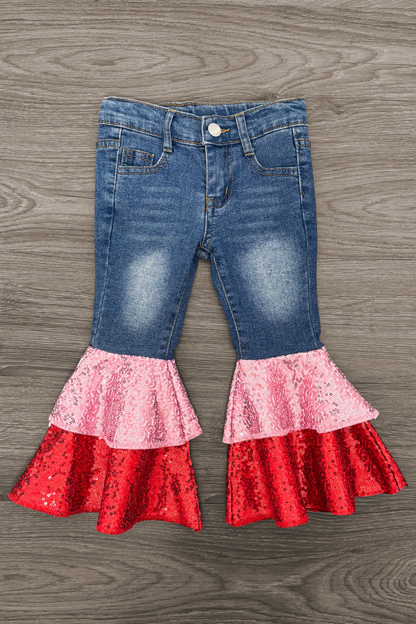 Pink & Red Sequin Denim Bell Bottoms