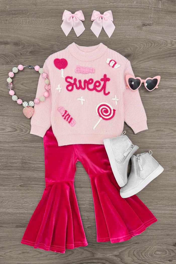 "Sweet" Knit Sweater Pink Bell Bottom Set - 3XS-6-12 Months - Pink knit sweater with candy appliques and matching velvet bell bottom pants set for toddlers.