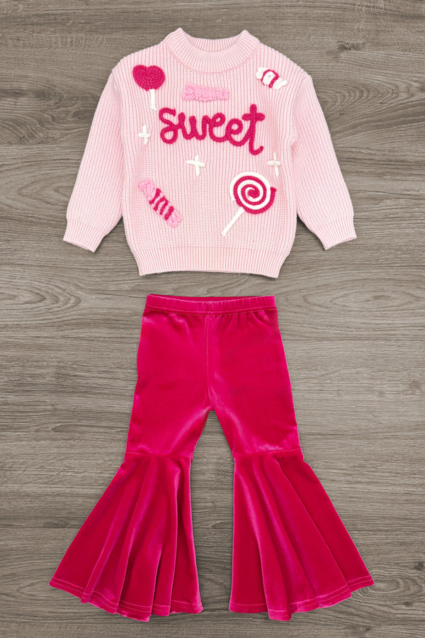 "Sweet" Knit Sweater Pink Bell Bottom Set