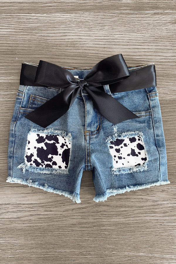 "Moody" Cow Print Denim Short Set - Sparkle in Pink