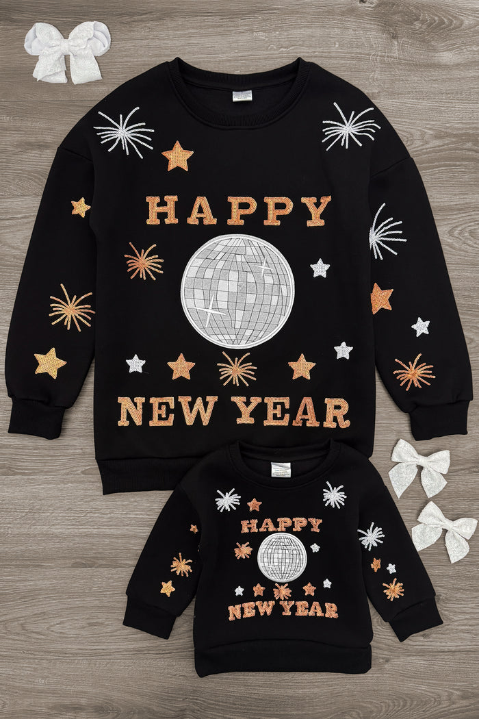 Mom & Me - "Happy New Year" Sweatshirt - CHILD-3XS-6-12 Months - Black sweatshirt with gold stars, silver fireworks, and "Happy New Year" text with disco ball design.