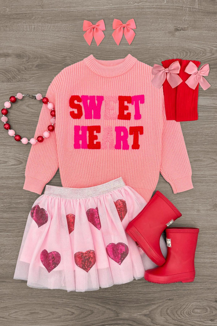 "Sweet Heart" Tutu Skirt Set - 3XS-6-12 Months - Pink long-sleeve shirt with "SWEET HEART" in colorful letters, pink heart tutu skirt, red bow hair clips, red beaded.