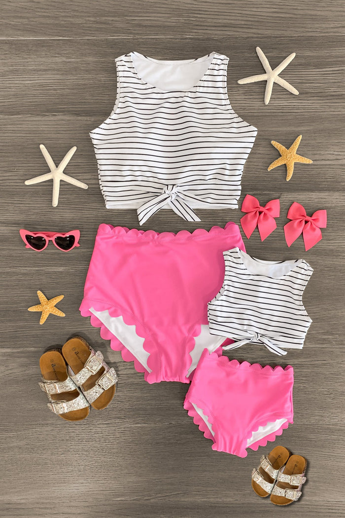 Mom & Me - Hot Pink Stripe Bikini - CHILD-6-12 Months - Matching hot pink and white striped bikinis for mom and child, featuring high-waisted bottoms and sleeveless tops with a.