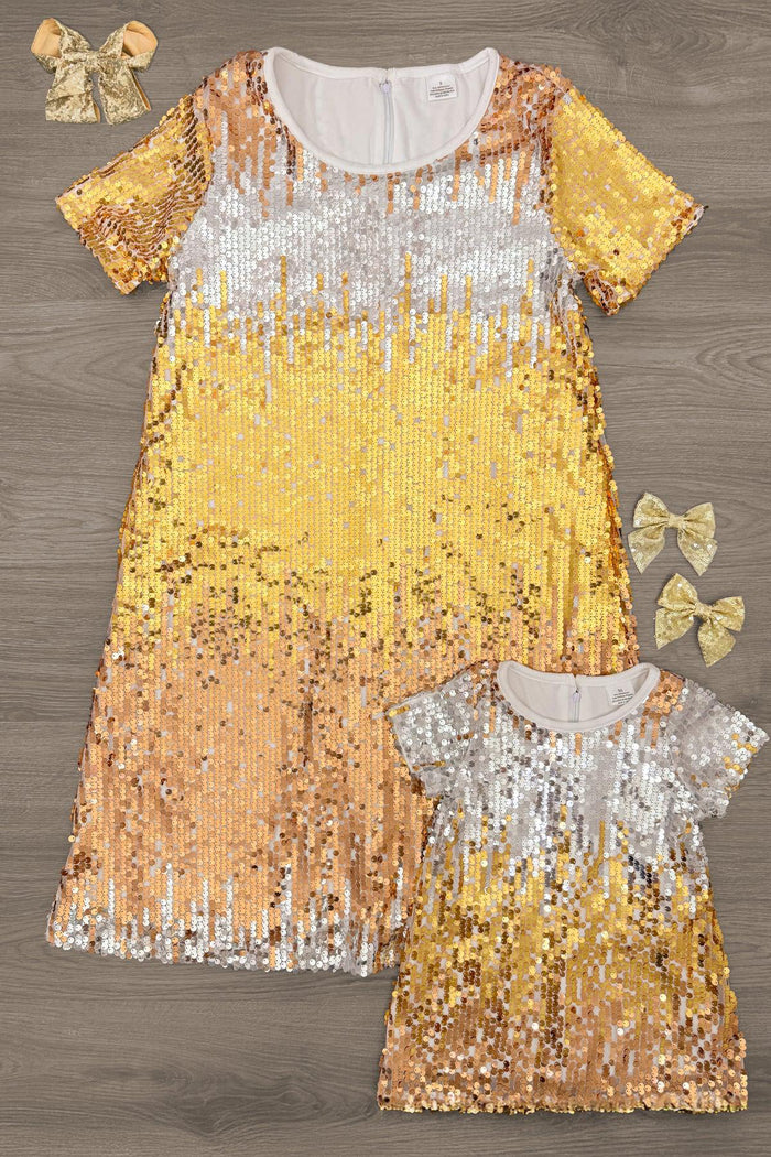 Mom & Me - Silver & Gold Sequin Dress - CHILD-3XS-6-12 Months - Gold and silver sequin dress with short sleeves and gradient color fade, child and adult sizes shown.