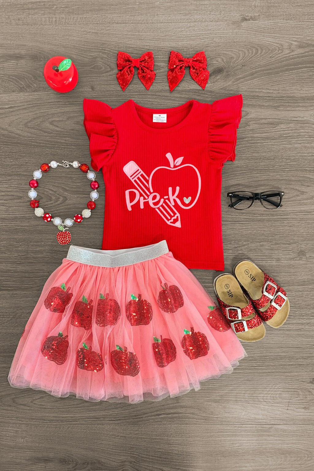 "Pre-K - 4th Grade" Pink Apple Tutu Skirt Set - Sparkle in Pink