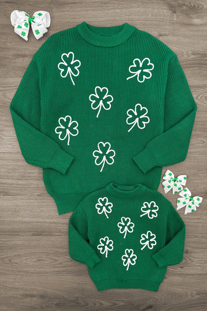 Mom & Me - Shamrock Knit Sweater - CHILD-3XS-6-12 Months - Green knit sweaters with white shamrock patterns for mom and child, paired with matching bows.