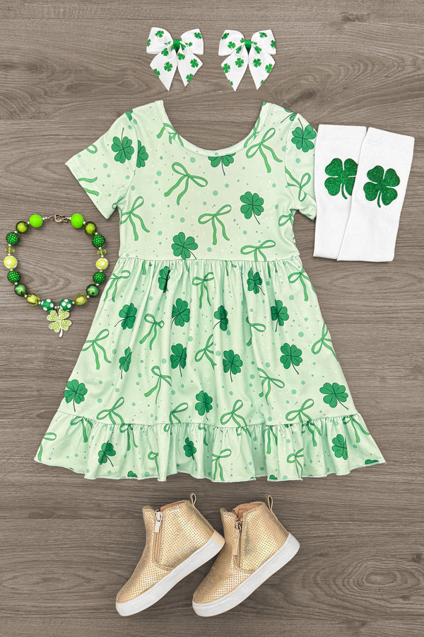 Green Bow & Shamrock Dress | Girls' St. Patrick's Day Clothing Sparkle In Pink Green Bow & Shamrock Dress | Girls' St. Patrick's Day Clothing Sparkle In Pink