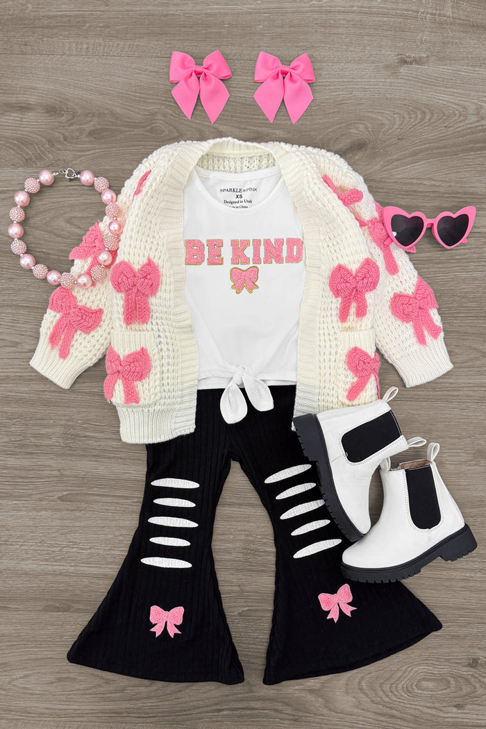 "Be Kind" Ribbed Flare Pant Set - 3XS-6-12 Months - Cream knit cardigan with pink bows, white "Be Kind" tee, black ribbed flare pants with pink bows, white and black boots,.