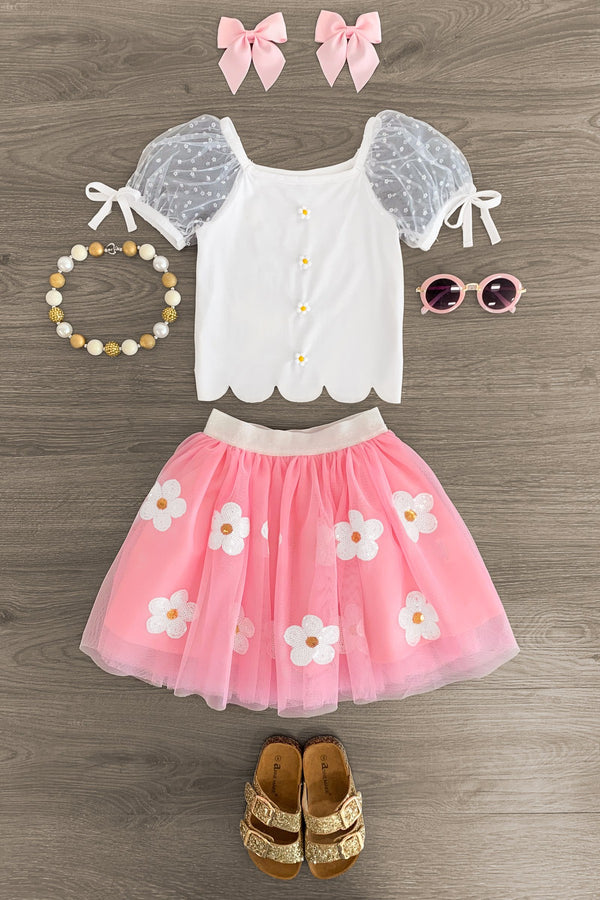 Pink & White Daisy Tutu Skirt Set - Sparkle in Pink