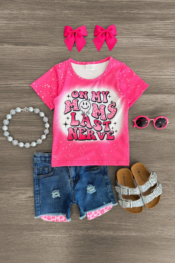 "On My Moms Last Nerve" Denim Short Set - Sparkle in Pink