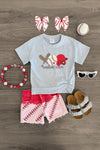 "Baseball Season" Gray & Red Ombre Denim Short Set - Sparkle in Pink