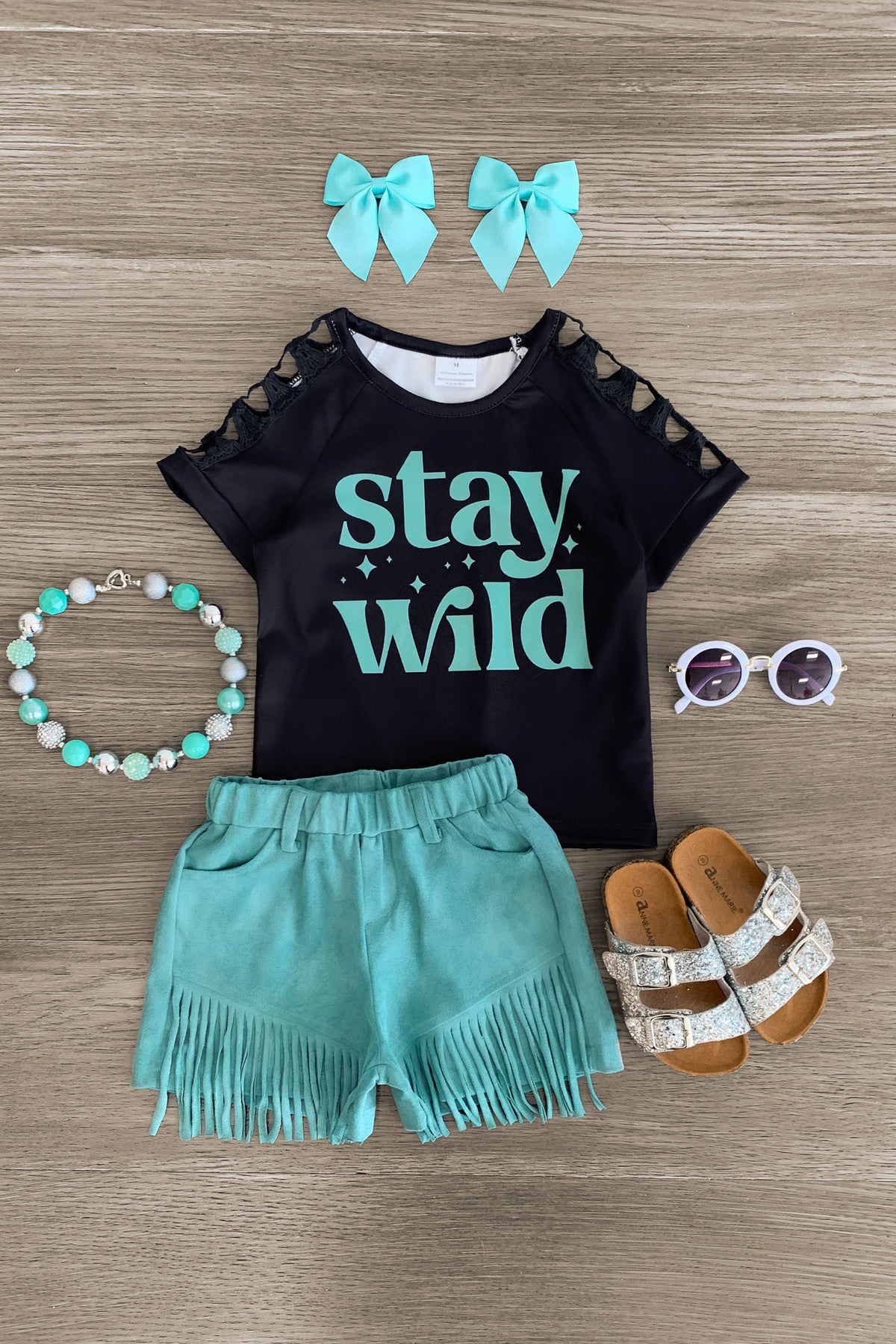 "Stay Wild" Mint Suede Short Set - Sparkle in Pink