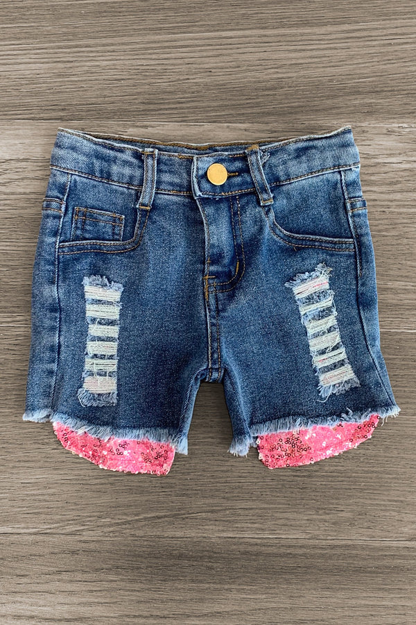 Pink Pearl Distressed Denim Short Set - Sparkle in Pink