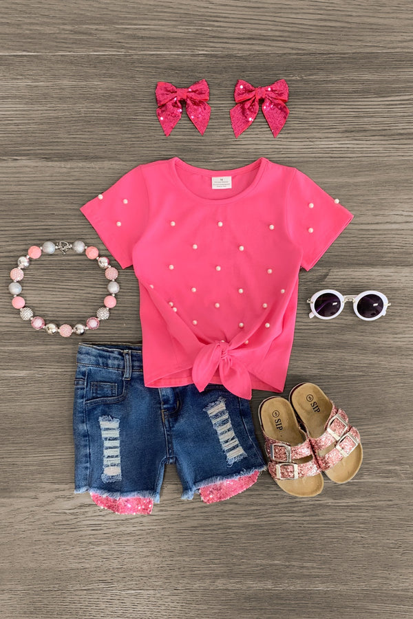 Pink Pearl Distressed Denim Short Set - Sparkle in Pink