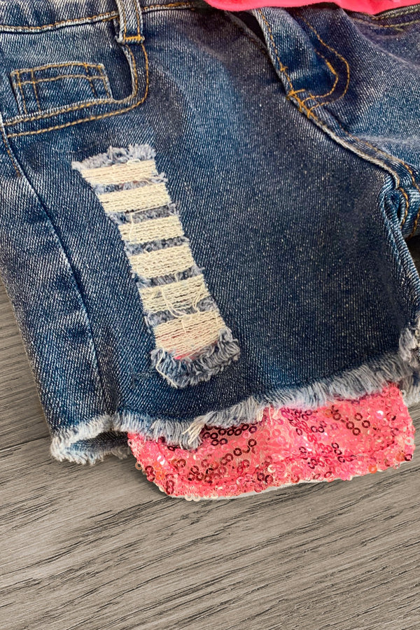 Pink Pearl Distressed Denim Short Set - Sparkle in Pink