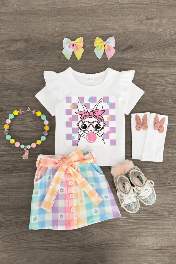 Bubblegum Bunny Pastel Checkered Skirt Set - Sparkle in Pink