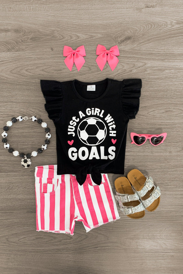 "Just A Girl With Goals" Stripe Denim Short Set - Sparkle in Pink