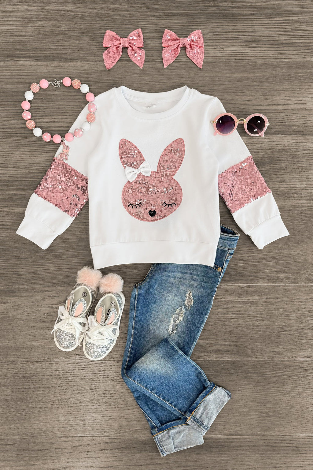 White & Pink Sequin Bunny Top - Sparkle in Pink