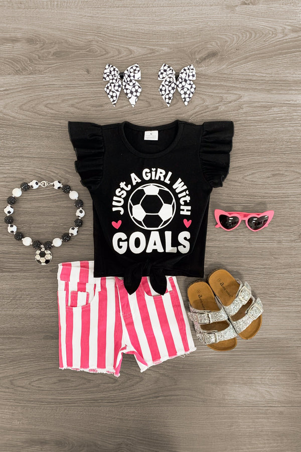 "Just A Girl With Goals" Stripe Denim Short Set - Sparkle in Pink