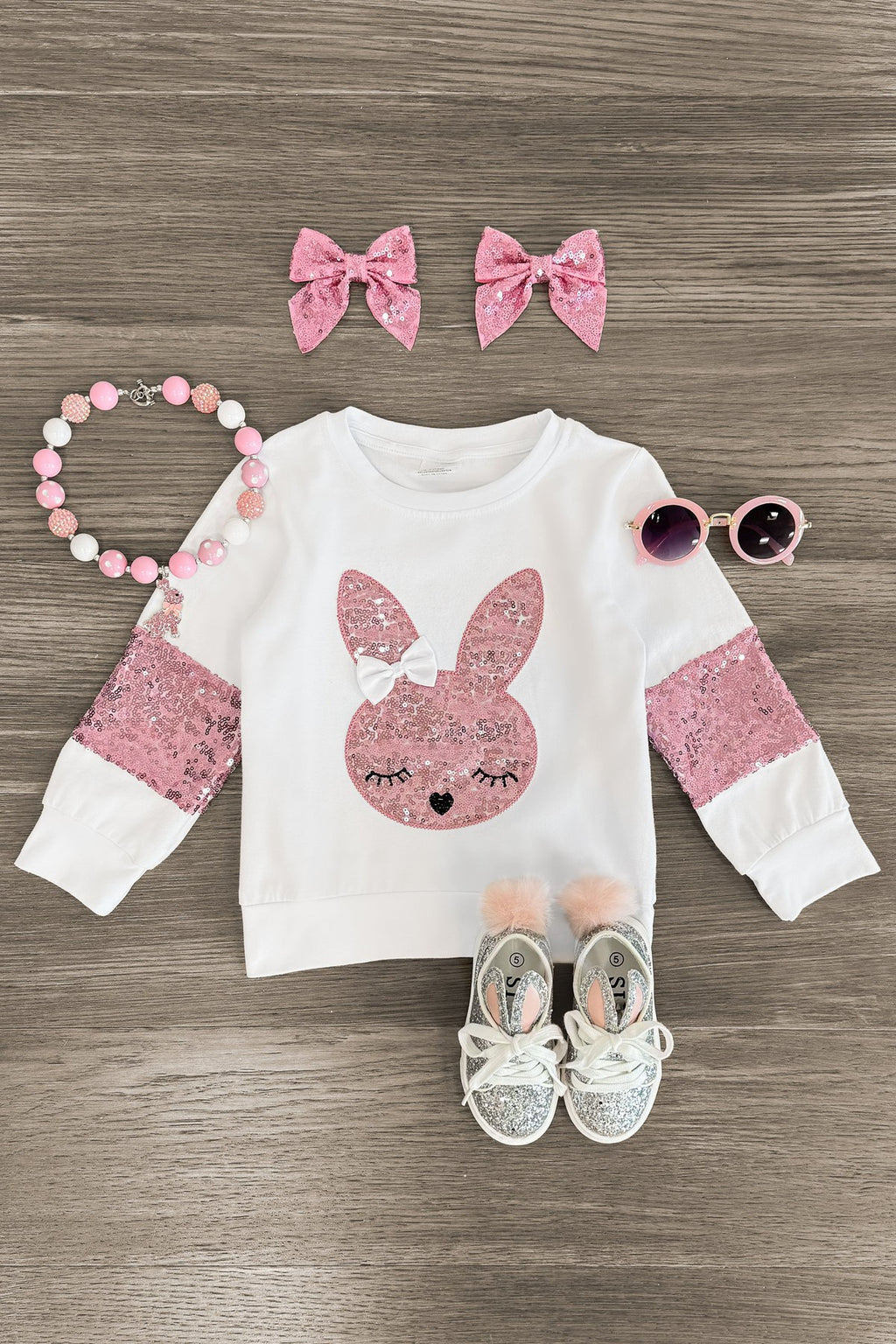 White & Pink Sequin Bunny Top - Sparkle in Pink
